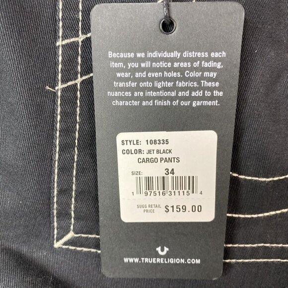 True Religion Cargo Pants Mens Size 34‎ x 32 Jet Black White Stitch 108335 NWT - Picture 3 of 11